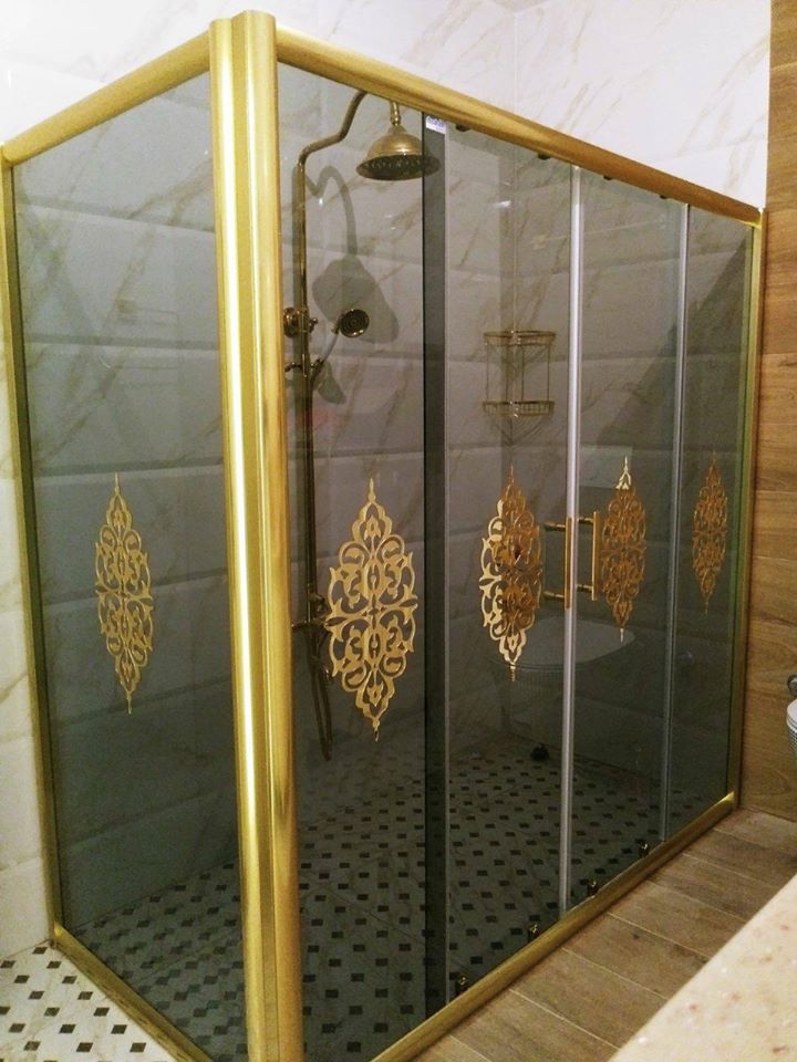 Osmanlı Desenli İki Duvar Arası Gold Füme Cam Duşakabin H 190