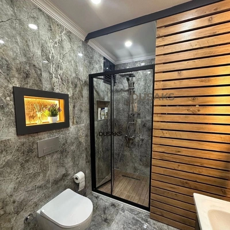 Katlanır Duşakabin Siyah Şeffaf Cam H 190