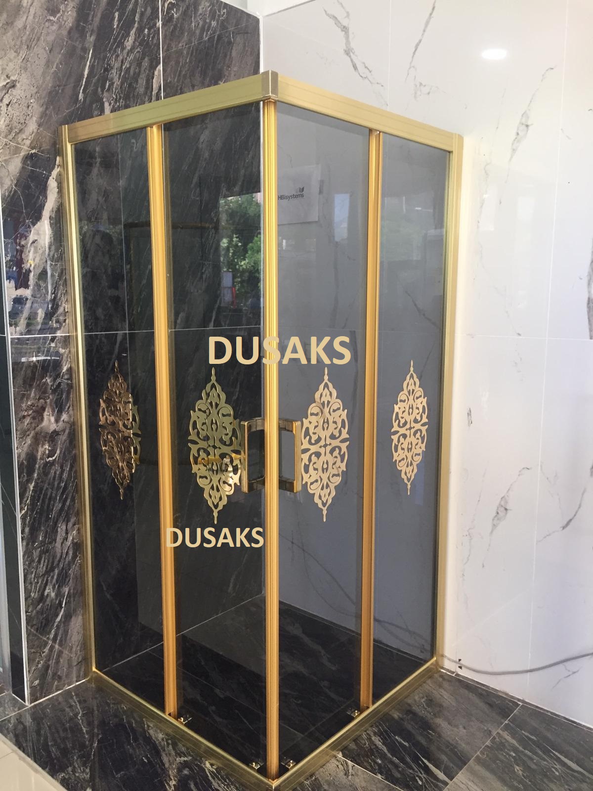 Osmanlı Desenli Kare Gold Füme Cam Duşakabin H190