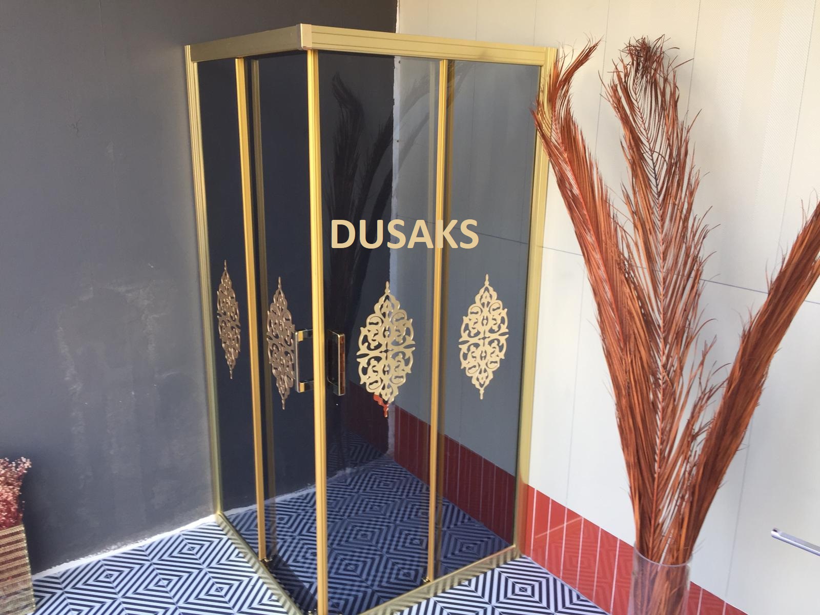 Osmanlı Desenli Kare Gold Füme Cam Duşakabin H190