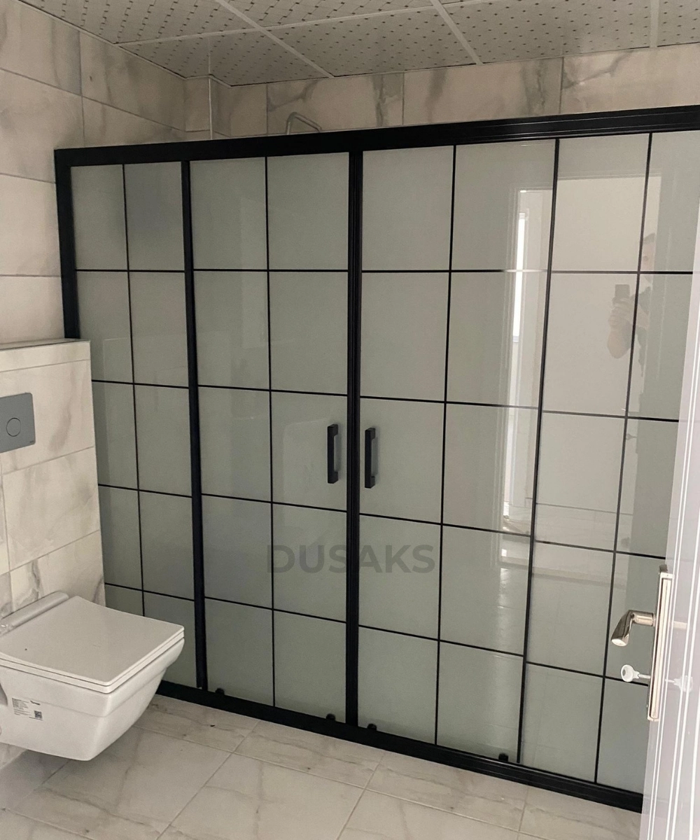 Siyah Duşakabin Çizgili Cam Kumlamalı H 190
