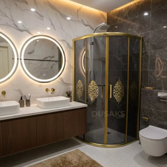 Gold Profil Füme Cam Osmanlı  Desen Oval Duşakabin