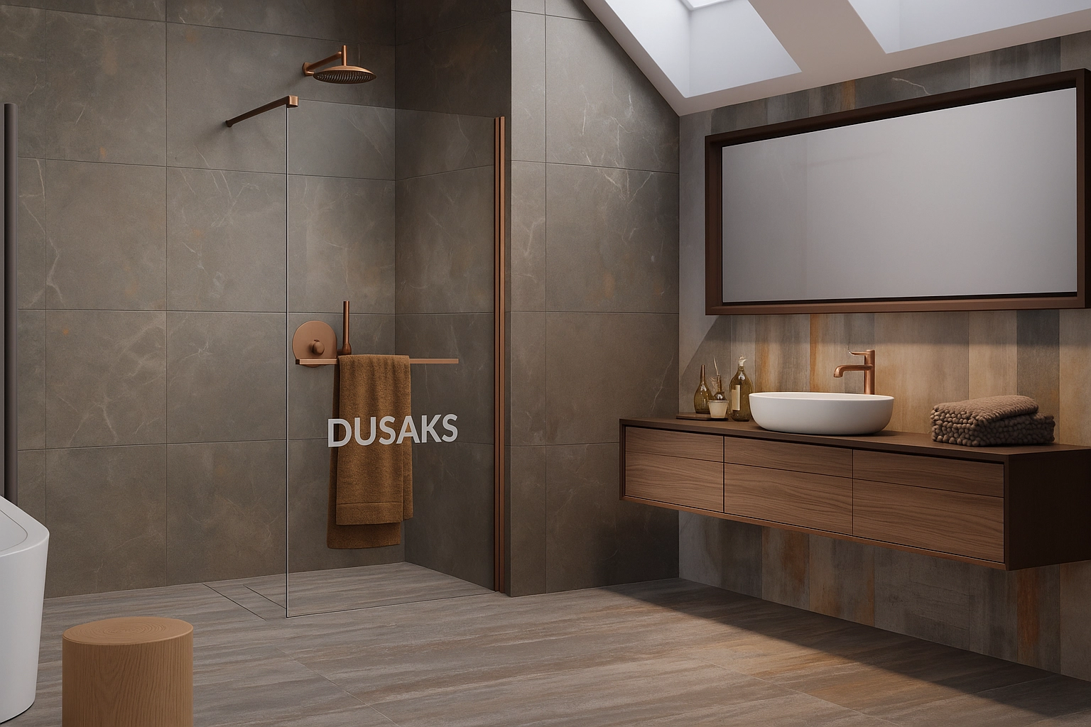 Bakır Kapısız Duşakabin Vintage Banyo Tasarımı